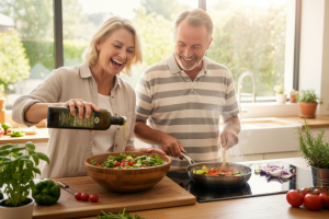 A candid, joyful lifestyle photograph of a healthy couple in their 50s cooking together in a bright,
