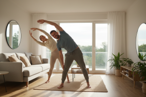 Une scène de vie quotidienne lumineuse. Un homme et une femme d'une trentaine d'années, souriants et