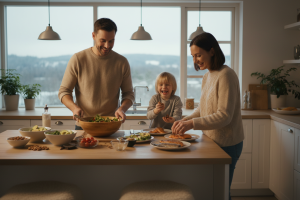 Une scène de vie chaleureuse dans une cuisine lumineuse et moderne. Un couple d'une trentaine d'anné