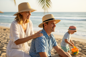 A candid, photorealistic lifestyle shot of a happy family (a couple in their 40s and a child) enjoyi