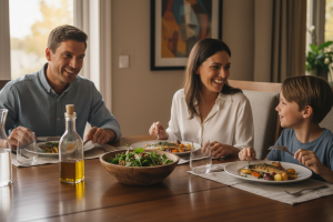 dans une salle à manger, plan moyen d' un couple avec un enfant de 8 ans en train de manger un dîner