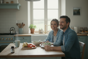 Prompt 1: Un couple souriant et détendu attablé dans une cuisine rustique et lumineuse après un repa