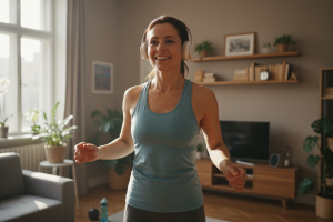 Prompt 2: Plan dynamique et cinématique sur une personne souriante (homme ou femme de 40 ans) faisan