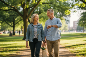 **Prompt :** A candid, documentary-style photograph of a happy middle-aged couple, around 50 years o