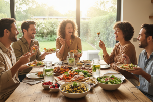 Prompt 1: Une scène chaleureuse et lumineuse montrant une famille ou un groupe d'amis souriants part