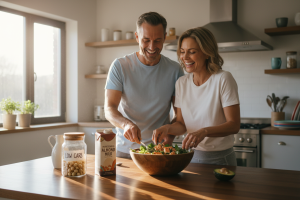 A candid lifestyle photograph capturing a happy, healthy couple in their 40s in a sunlit, modern kit