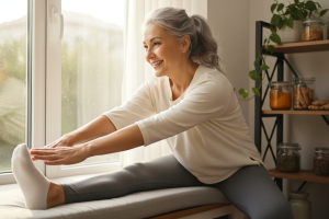 Une femme active d'une soixantaine d'années, vêtue de vêtements confortables, est en train de faire 