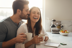 Prompt 1: Une scène chaleureuse et lumineuse illustrant deux amis ou un couple partageant un café ma