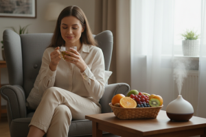Prompt 2: Une femme rayonnante de santé, assise confortablement dans un fauteuil douillet baigné de 
