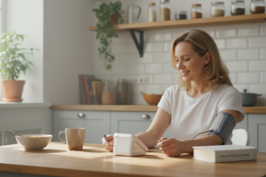 Prompt 1: Une femme d'une quarantaine d'années, souriante et sereine, est assise à une table de cuis