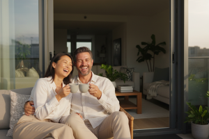 A modern, diverse couple in their late 30s, sitting comfortably on a sunny balcony in the morning. T