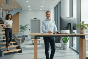 Un homme d'âge moyen, visiblement détendu et souriant, est debout devant un bureau surélevé dans un 