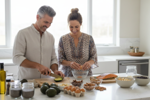 Prompt 1: Une cuisine américaine moderne et lumineuse. Un couple d'une quarantaine d'années prépare 