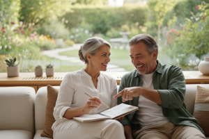 A warm, sunlit scene in a cozy modern living room. A happy couple in their late 50s is sitting toget
