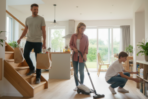 Une scène de vie quotidienne lumineuse et dynamique illustrant l'intégration réussie de l'