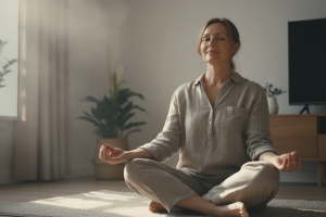 Prompt 2: Un portrait serein d'une personne d'âge mûr, reposée et pleine de vitalité, dans son intér