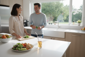 Scène de vie quotidienne lumineuse et positive dans une cuisine moderne ensoleillée. Une femme trent