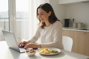 Prompt 1: Une femme (30-40 ans) souriante et sereine, travaillant sur un ordinateur portable à une t