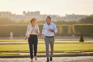 A sunny, warm lifestyle photography of a smiling couple in their 50s walking briskly in chateau de v