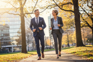 Photographie lifestyle, couleurs vives et dynamiques. Un homme et une femme d'âge moyen marchent rap