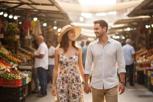 Prompt 1: Un jeune couple souriant et complice se promène main dans la main dans un marché animé en 