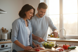 hotographie lumineuse et naturelle, style lifestyle authentique. Une famille trentenaire moderne (un