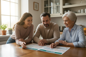 Prompt 1: Une image lumineuse et réaliste montrant trois adultes de générations différentes (une jeu