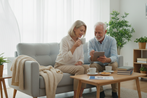 Medium shot, lifestyle photography, bright and airy living room interior. A middle-aged woman (careg