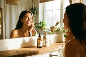 Prompt 1: Une femme rayonnante dans sa salle de bain baignée de soleil, souriant avec confiance à so