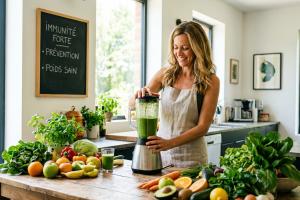 Prompt 2: Une femme d'une quarantaine d'années, souriante et confiante, est debout dans sa cuisine l