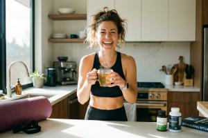 Prompt 1: Une femme souriante, la trentaine, pleine de vitalité, se tient dans une cuisine moderne e