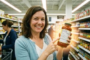 Prompt 1: Une femme d'environ 40 ans, souriante et confiante, se tient dans l'allée d'un supermarché