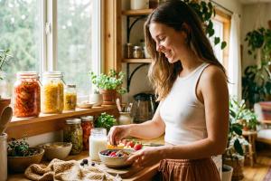 Prompt 1: Une scène de vie quotidienne dans une cuisine baignée de lumière naturelle, montrant une j