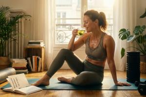 Prompt 2: Une scène intérieure matinale montrant l'équilibre entre exercice et gestion du stress. Un