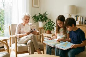 Prompt 1: Une scène chaleureuse et lumineuse dans un salon moderne. Une femme âgée (environ 80 ans),