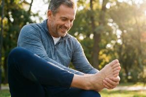 Un homme d'âge moyen, vêtu de vêtements de sport confortables, est debout dans un parc ensoleillé, l