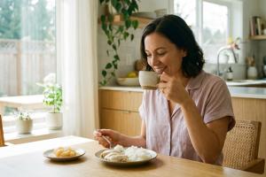 Prompt 1: Une femme souriante, d'une trentaine d'années, assise confortablement dans une cuisine lum