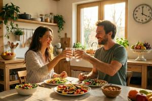 Prompt 1: Une scène de vie quotidienne lumineuse et chaleureuse. Un couple trentenaire, souriant et 