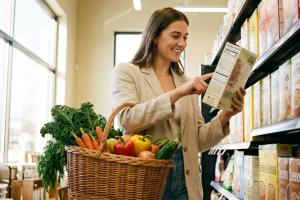 Prompt 1: Une jeune femme souriante et confiante, tenant un panier rempli de légumes frais et d'alim
