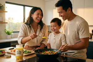 Prompt 1: Une scène chaleureuse et lumineuse dans une cuisine moderne. Une famille (un couple ou une