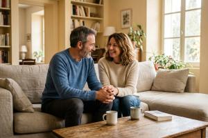 Prompt 1: Un couple rayonnant de bonheur, assis confortablement sur un canapé dans un salon chaleure