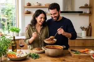 Prompt 1: Un jeune couple radieux dans une cuisine moderne et lumineuse, partageant avec enthousiasm