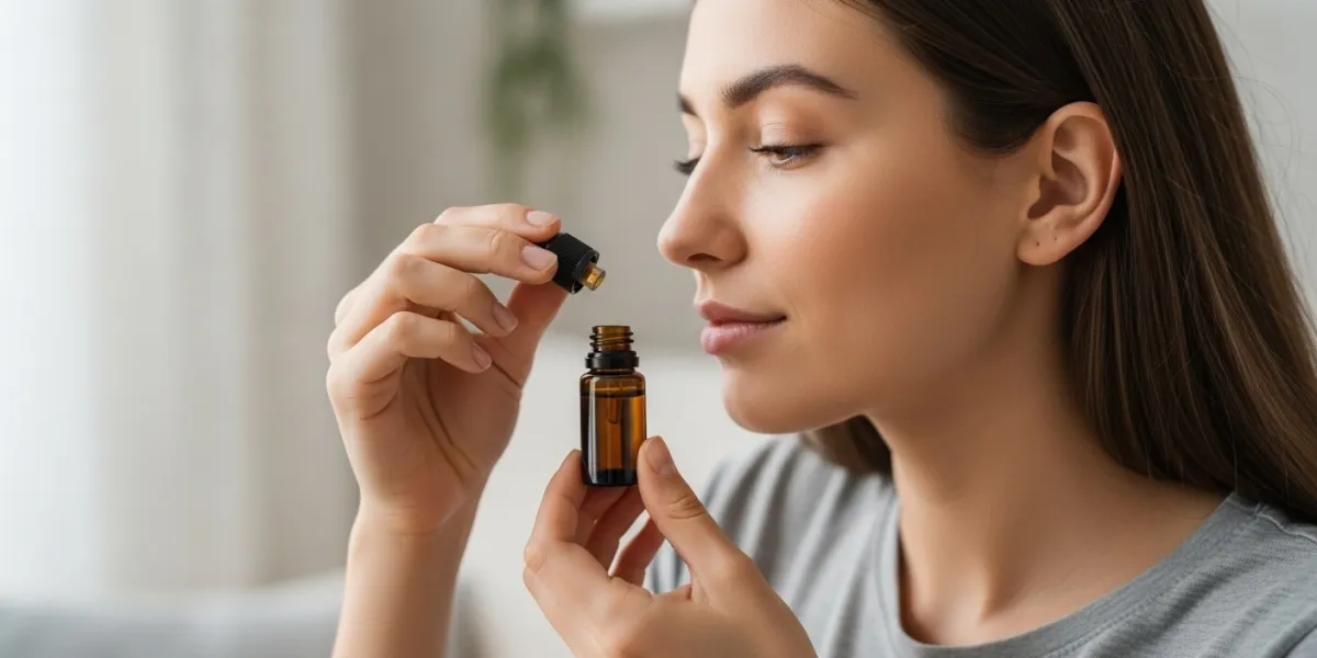 une jeune femme chez elle renifle une fiole d'huile essentielle