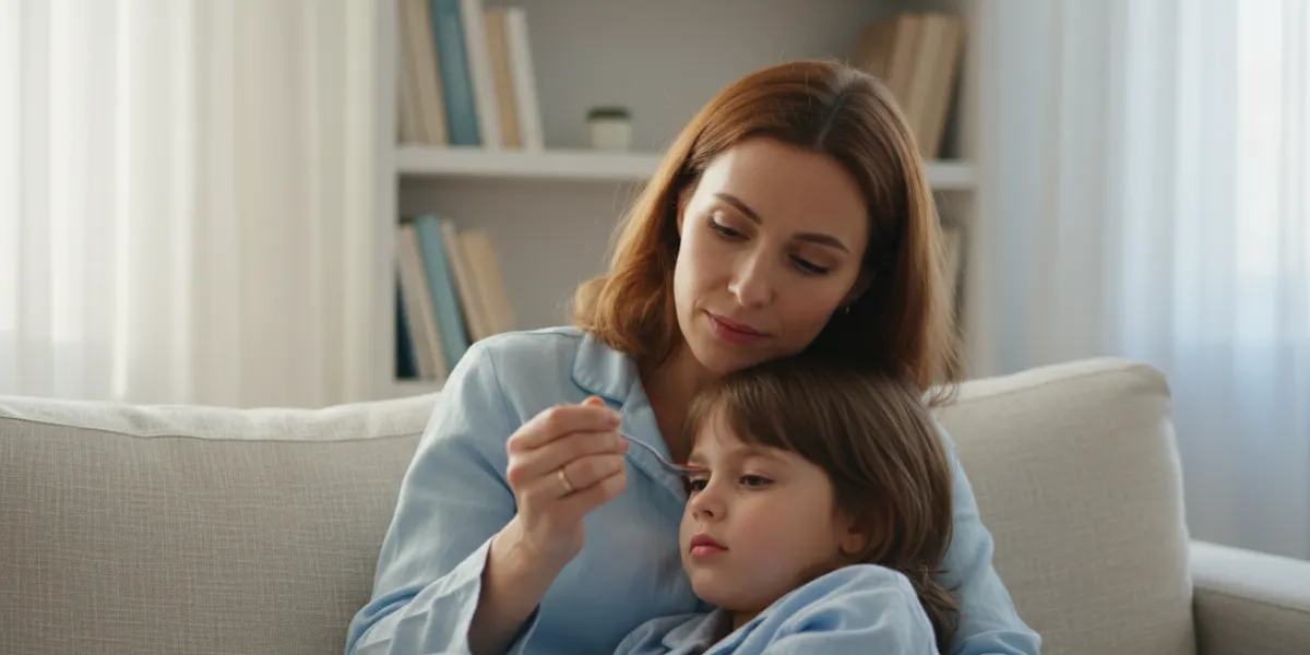 Un plan rapproché (medium close-up) d'une mère (35 ans, cheveux châtains) assise sur un canapé en li