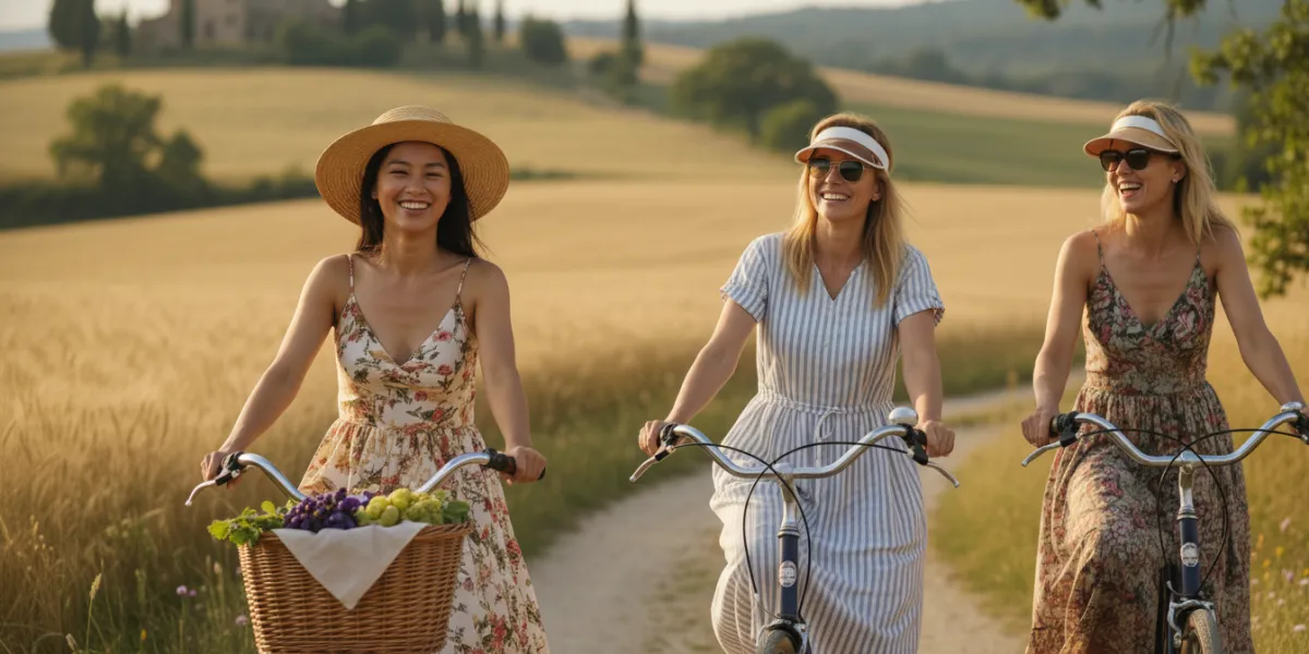 trois femmes de 45 ans, en robe d'été font du vélo dans la campagne. Sur un des vélos, on voit un pa