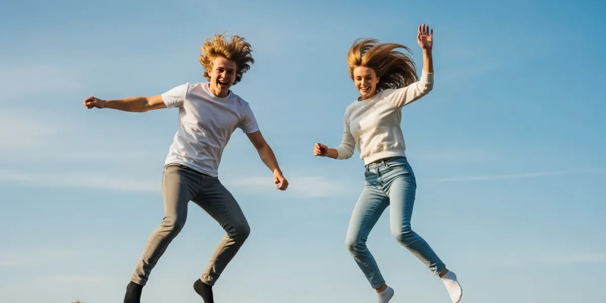 un jeune homme et une jeune femme qui sautent sur un trampoline