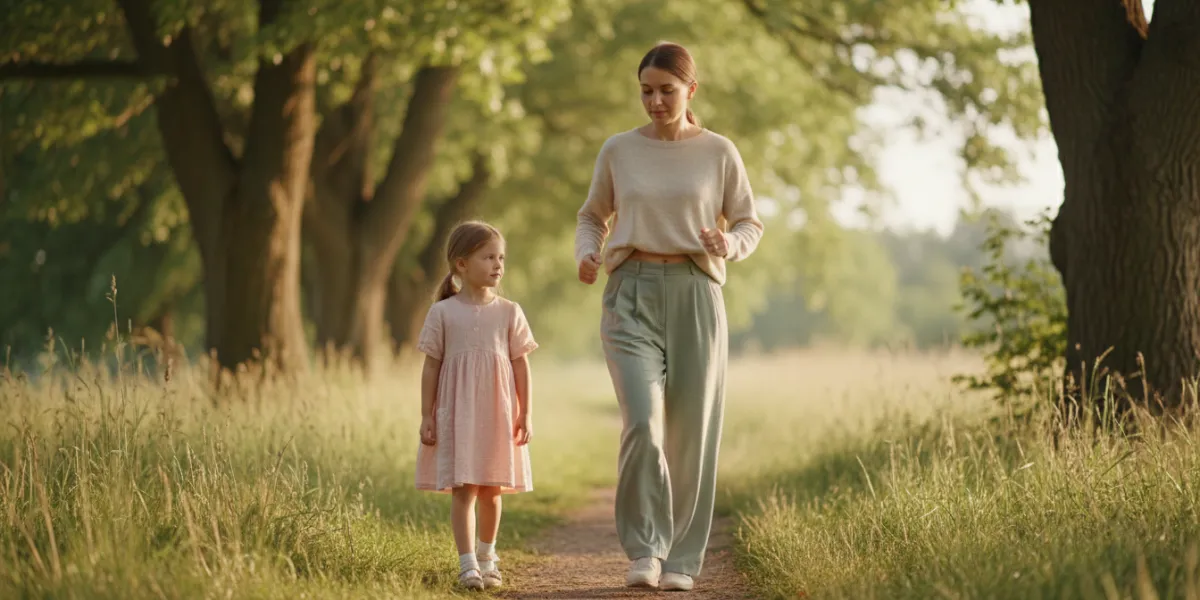. Plan moyen cinématographique d'une mère et de sa jeune fille effectuant une marche digestive post-
