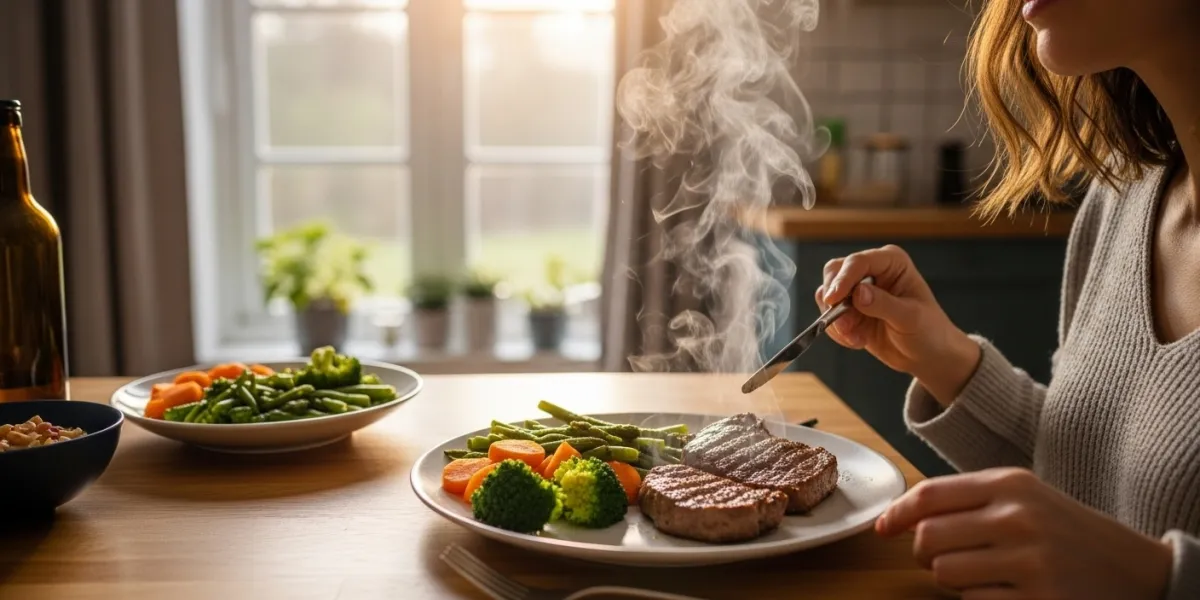 une femme mange chez elle. Dans son assiette une belle portion de viande avec des légumes verts