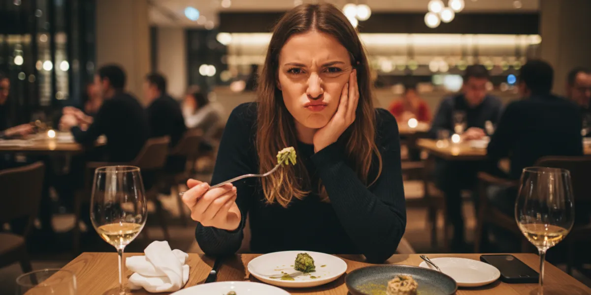 une jeune femme à table dans un restaurant. Elle fait la moue car elle a un mauvais gout dans la bou