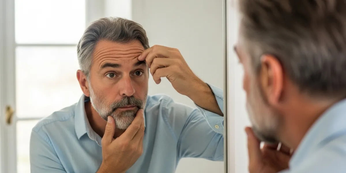 un homme avec des cheveux poivre et sel se regarde dans sa glace